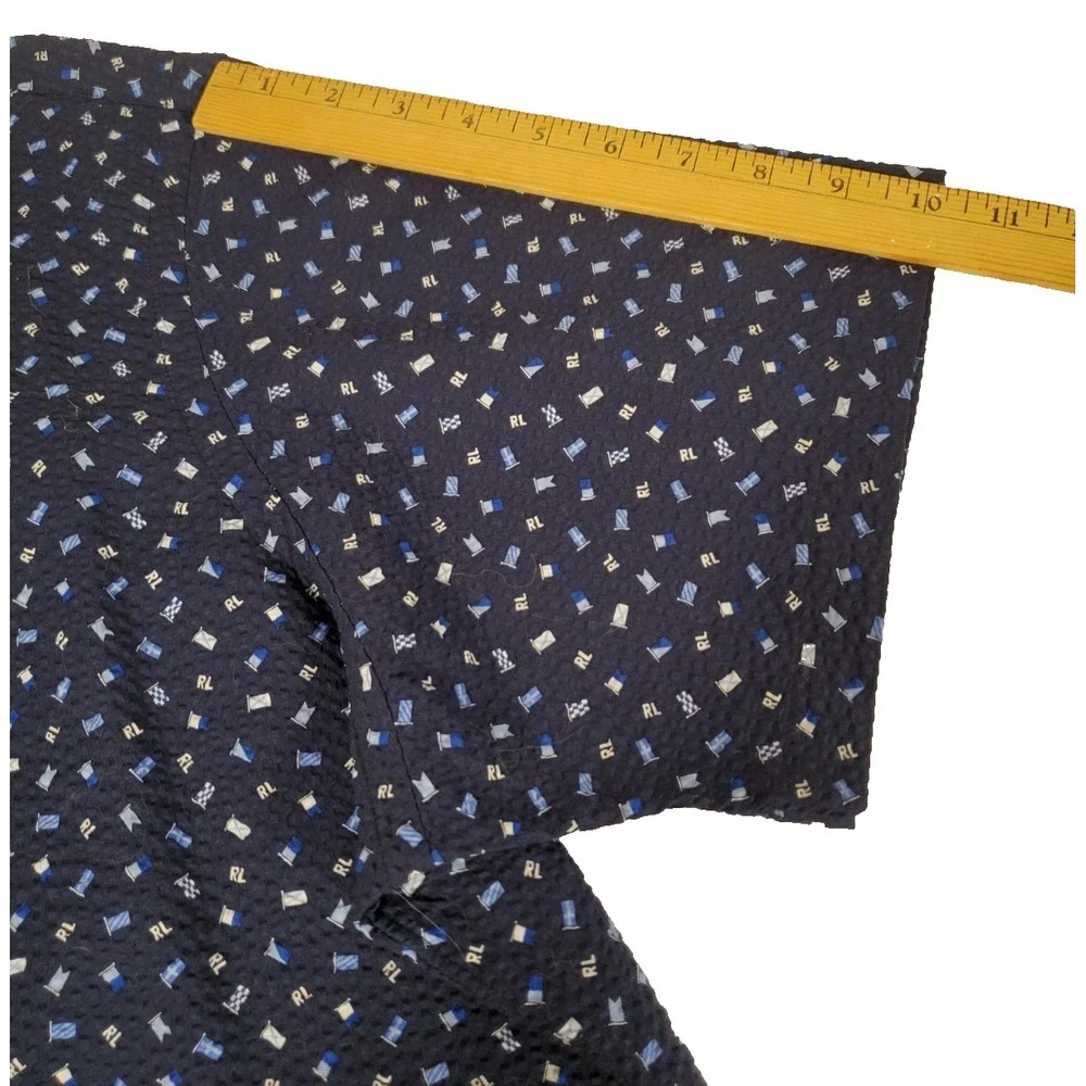 Polo Ralph Lauren Shirt Mens 2XL Blue Button Up Geometric Logo Seersucker Preppy